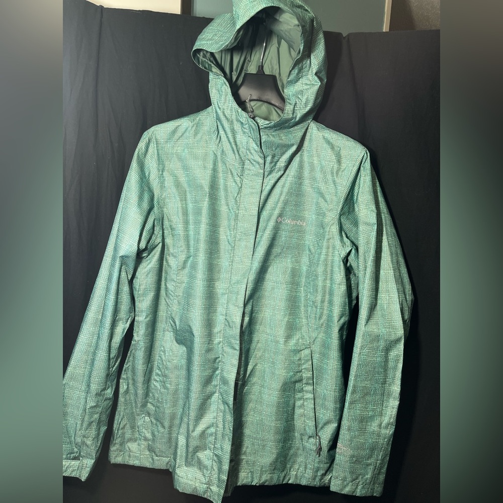 Columbia Jacket Womens Large Green Striped Ridge Gate Uninsulated Hooded Coat